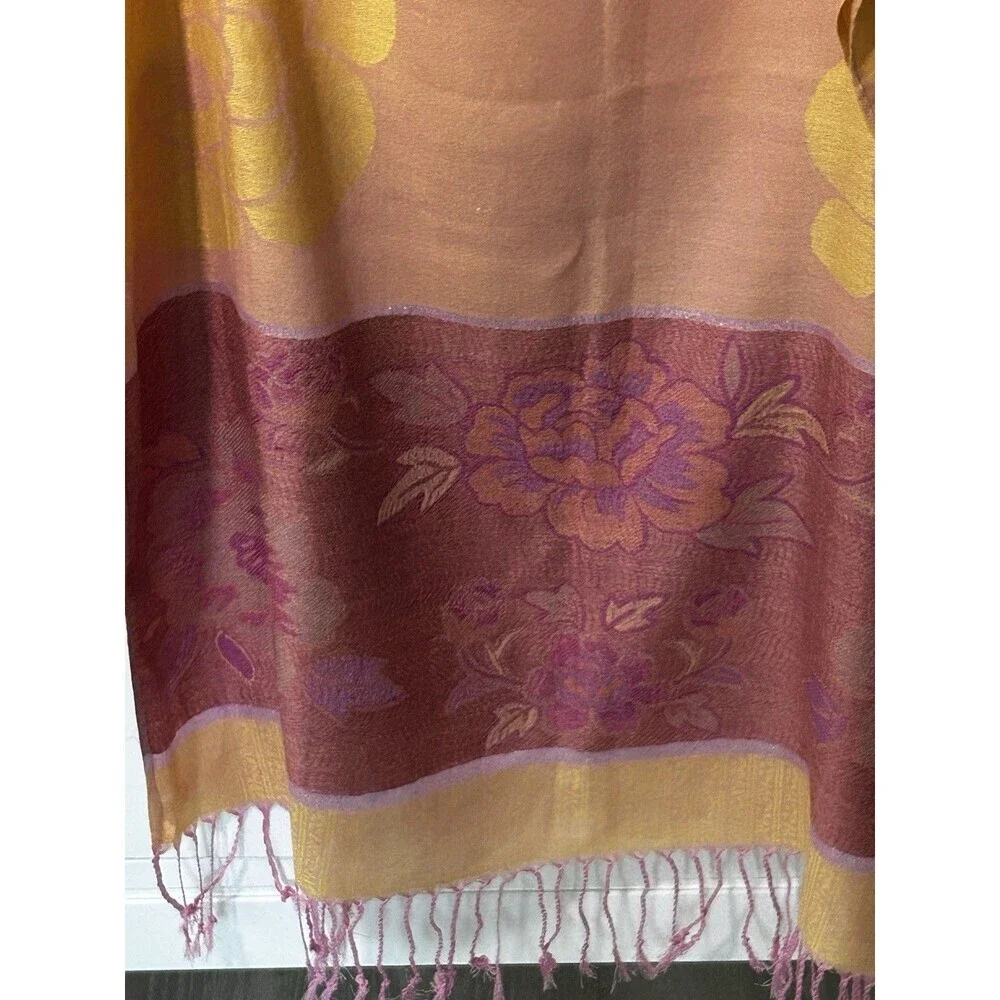 100% Pashmina Wrap Scarf Fringe Floral Print Metallic Thread Accents Preppy